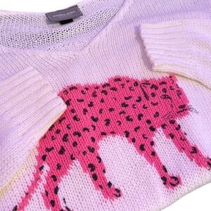 Wooden Ships Pink Leopard Cheetah Graphic Open Knit Sweater Size M/L Whimsical
